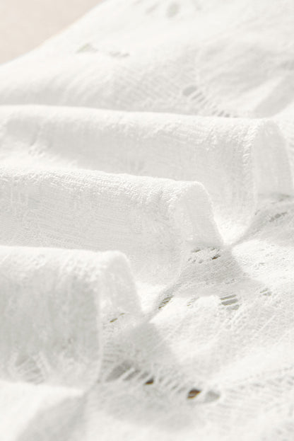 White Flower Eyelet Jacquard Keyhole Flounce Sleeve Top White 70%Cotton+30%Polyamide Tops/Tops &amp; Tees by Fleurcouture | Fleurcouture