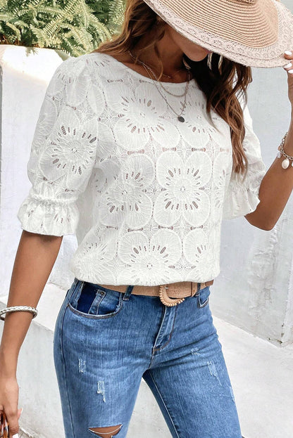 White Flower Eyelet Jacquard Keyhole Flounce Sleeve Top White 70%Cotton+30%Polyamide Tops/Tops &amp; Tees by Fleurcouture | Fleurcouture