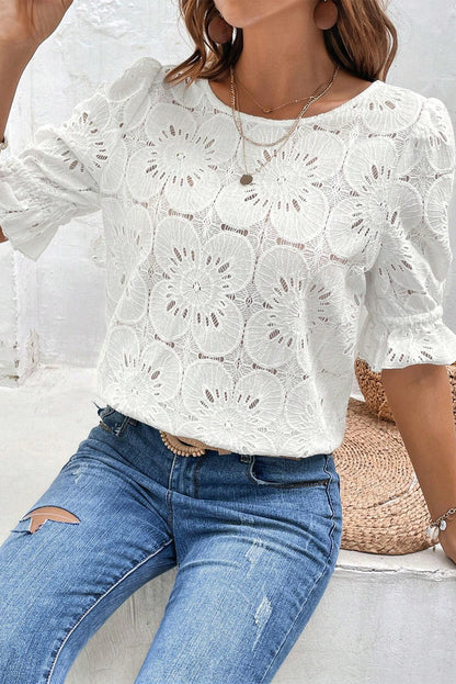 White Flower Eyelet Jacquard Keyhole Flounce Sleeve Top White 70%Cotton+30%Polyamide Tops/Tops &amp; Tees by Fleurcouture | Fleurcouture
