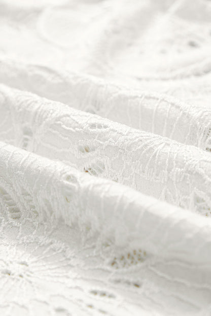 White Flower Eyelet Jacquard Keyhole Flounce Sleeve Top White 70%Cotton+30%Polyamide Tops/Tops &amp; Tees by Fleurcouture | Fleurcouture