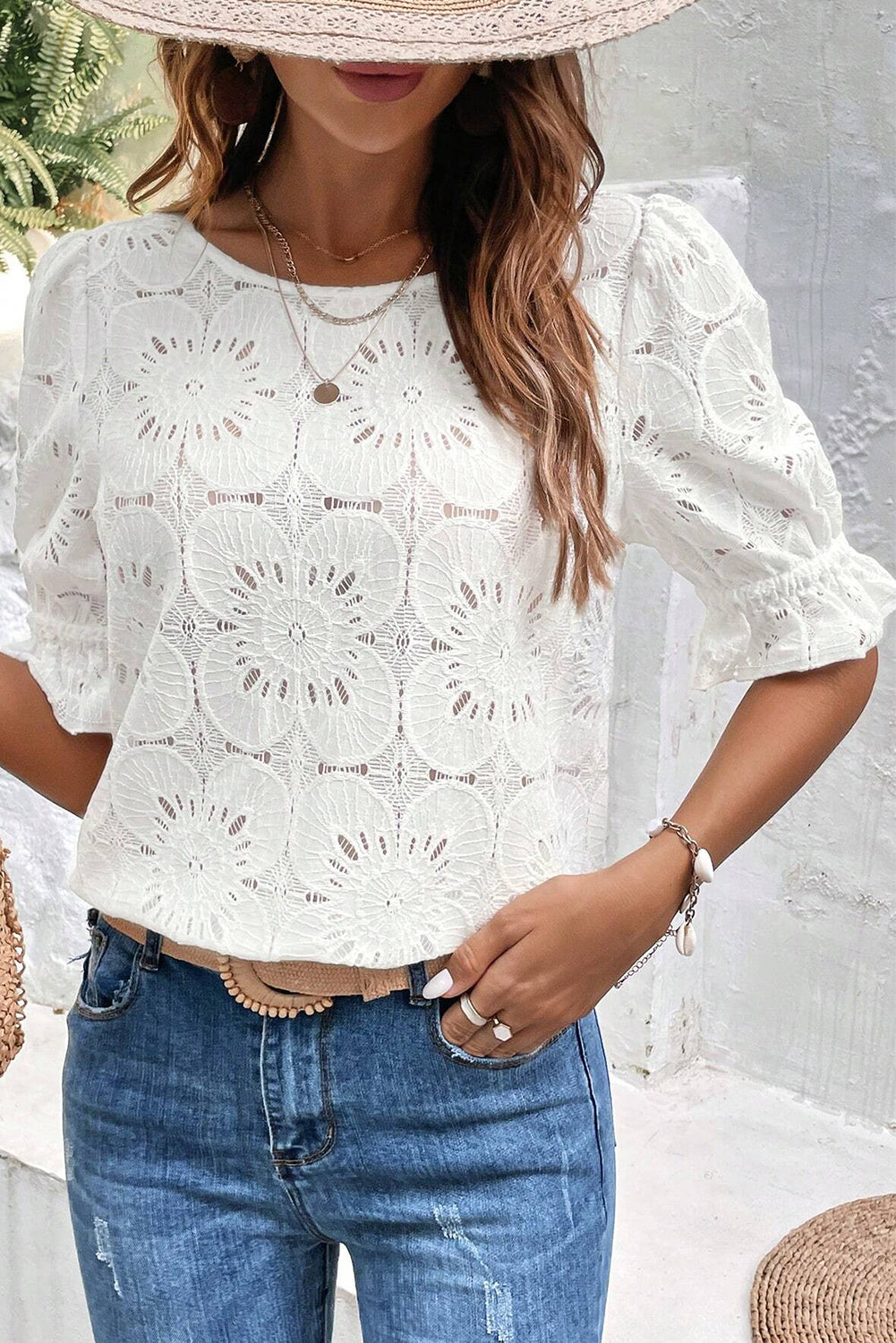 White Flower Eyelet Jacquard Keyhole Flounce Sleeve Top White S 70%Cotton+30%Polyamide Tops/Tops &amp; Tees by Fleurcouture | Fleurcouture