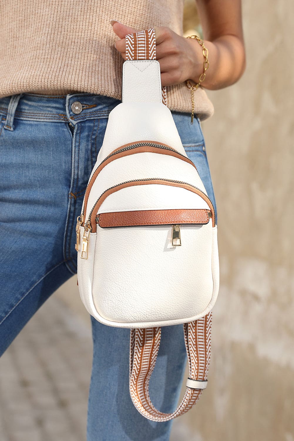 White Multi Zipped Street Casual Sling Bag White ONE SIZE 95%PU+5%Alloy Shoes &amp; Bags by Fleurcouture | Fleurcouture