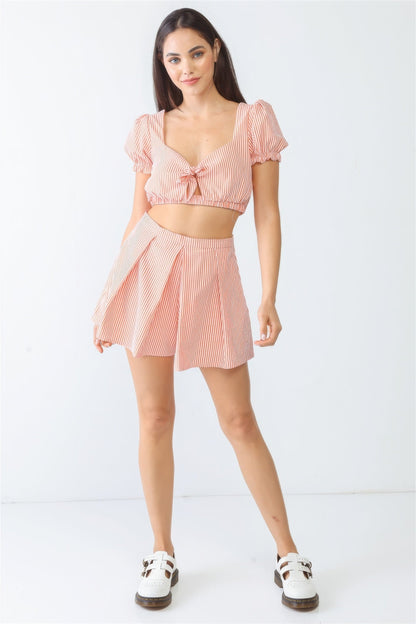 White &amp; Orange Stripe Print Self-tie Short Sleeve Crop Top &amp; High Waist Shorts Set by Fleurcouture | Fleurcouture