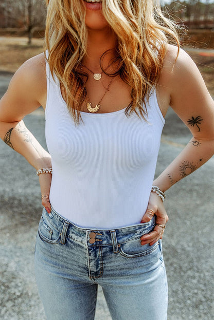 White Ribbed Knit Square Neck Sleeveless Bodysuit White 95%Polyester+5%Elastane Tops by Fleurcouture | Fleurcouture