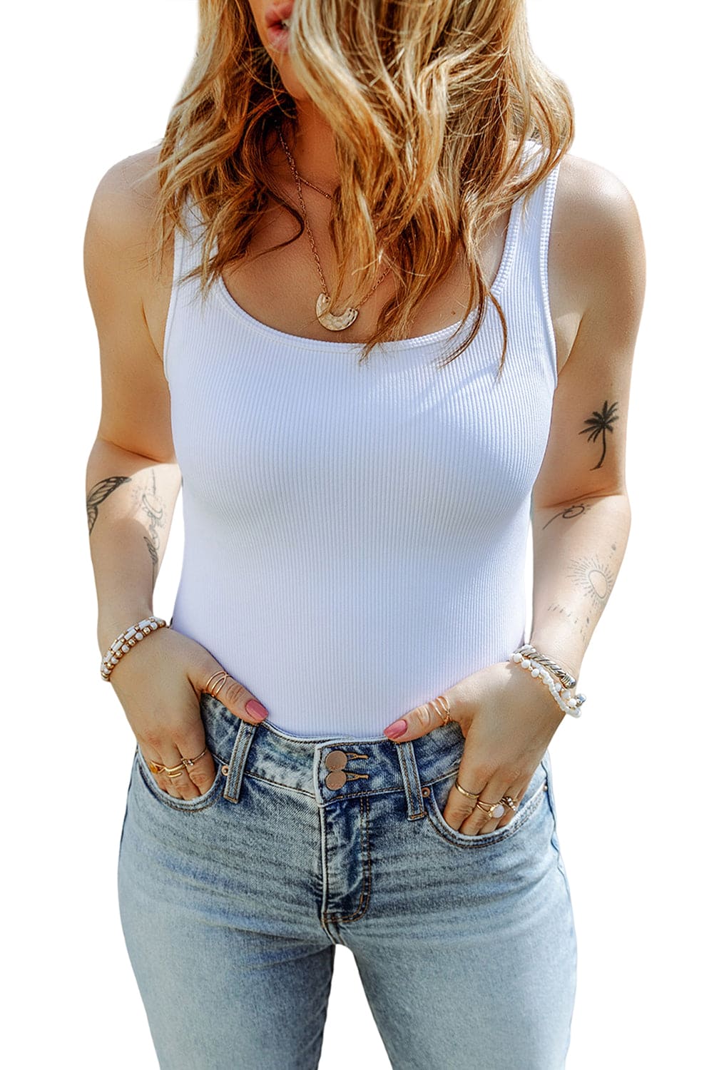 White Ribbed Knit Square Neck Sleeveless Bodysuit White 95%Polyester+5%Elastane Tops by Fleurcouture | Fleurcouture