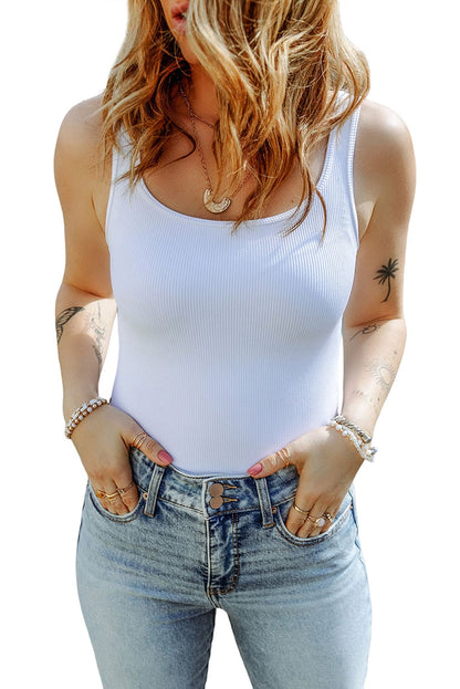 White Ribbed Knit Square Neck Sleeveless Bodysuit White 95%Polyester+5%Elastane Tops by Fleurcouture | Fleurcouture