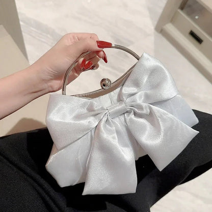 White Satin Bow Fairy Evening Bags Clutch Metal Handle Handbags for Women Wedding Party Bridal Clutches Purse Chain Shoulder Bag by Fleurcouture | Fleurcouture