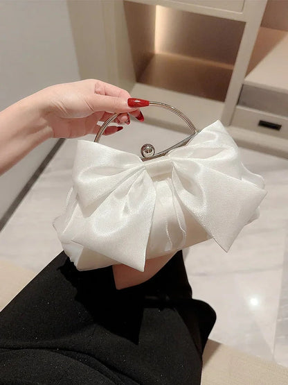 White Satin Bow Fairy Evening Bags Clutch Metal Handle Handbags for Women Wedding Party Bridal Clutches Purse Chain Shoulder Bag White by Fleurcouture | Fleurcouture