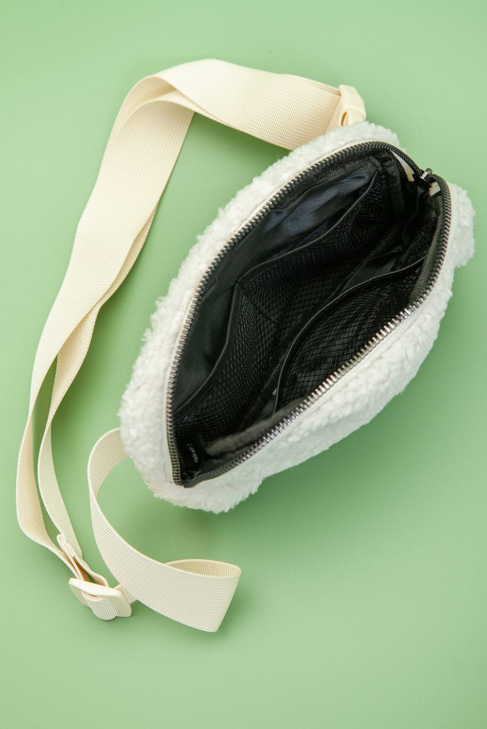 White Sherpa Adjustable Strap Crossbody Bag Bright White ONE SIZE 100%Polyester Shoes &amp; Bags by Fleurcouture | Fleurcouture