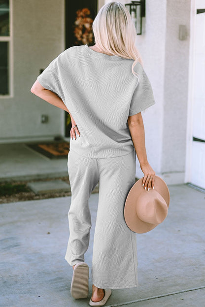 White Textured Loose Fit T Shirt and Drawstring Pants Set 95%Polyester+5%Elastane Two Piece Sets by Fleurcouture | Fleurcouture