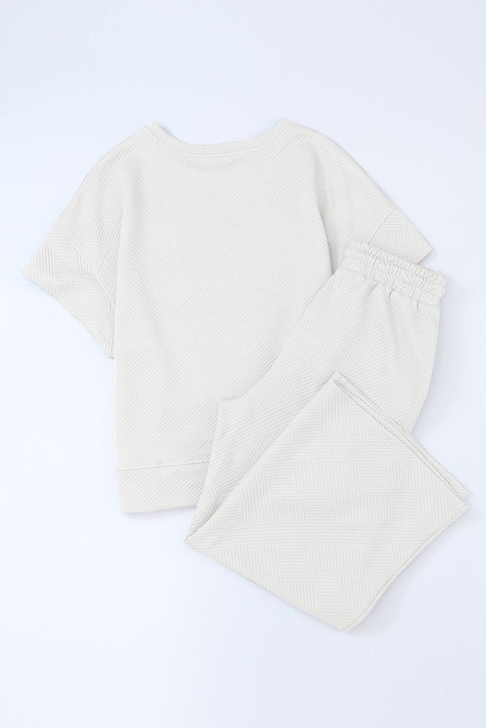 White Textured Loose Fit T Shirt and Drawstring Pants Set 95%Polyester+5%Elastane Two Piece Sets by Fleurcouture | Fleurcouture