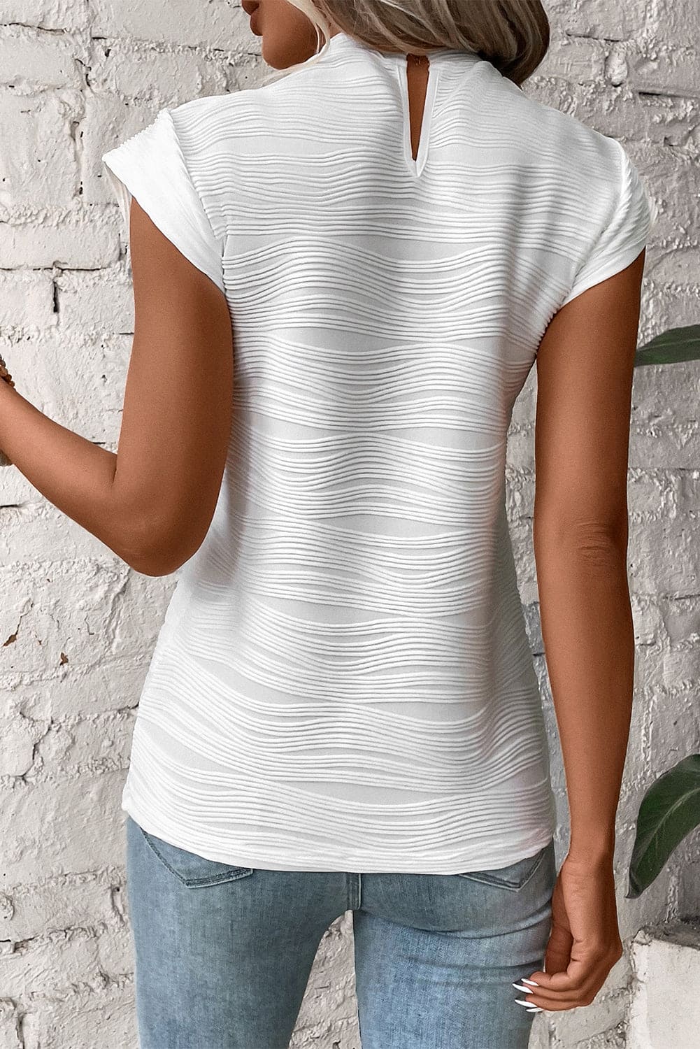 White Wavy Textured Mock Neck Cap Sleeve Top White 95%Polyester+5%Elastane Tops by Fleurcouture | Fleurcouture