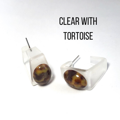 Wide Cubist Frosted Hoop Earrings Clear with Tortoise Wide Cubist Square Hoops by Leetie Lovendale | Fleurcouture