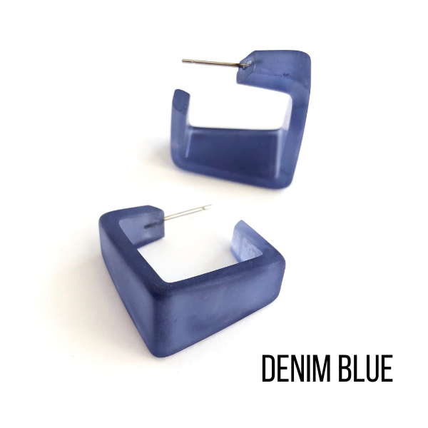 Wide Cubist Frosted Hoop Earrings Denim Blue Wide Cubist Square Hoops by Leetie Lovendale | Fleurcouture