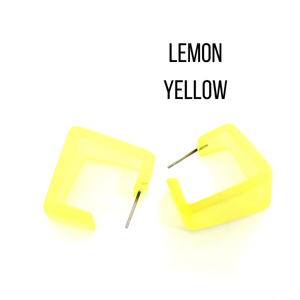 Wide Cubist Frosted Hoop Earrings Lemon Yellow Wide Cubist Square Hoops by Leetie Lovendale | Fleurcouture