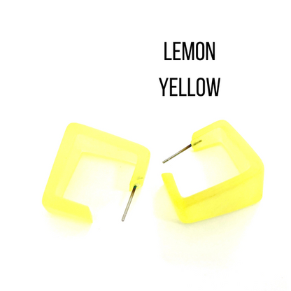 Wide Cubist Frosted Hoop Earrings Lemon Yellow Wide Cubist Square Hoops by Leetie Lovendale | Fleurcouture