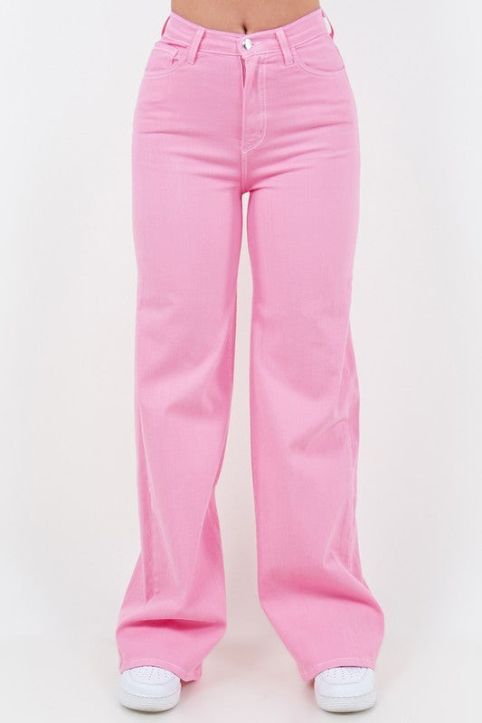 Wide Leg Jean in Bubblegum Pink Pink 1 by GJG Denim | Fleurcouture