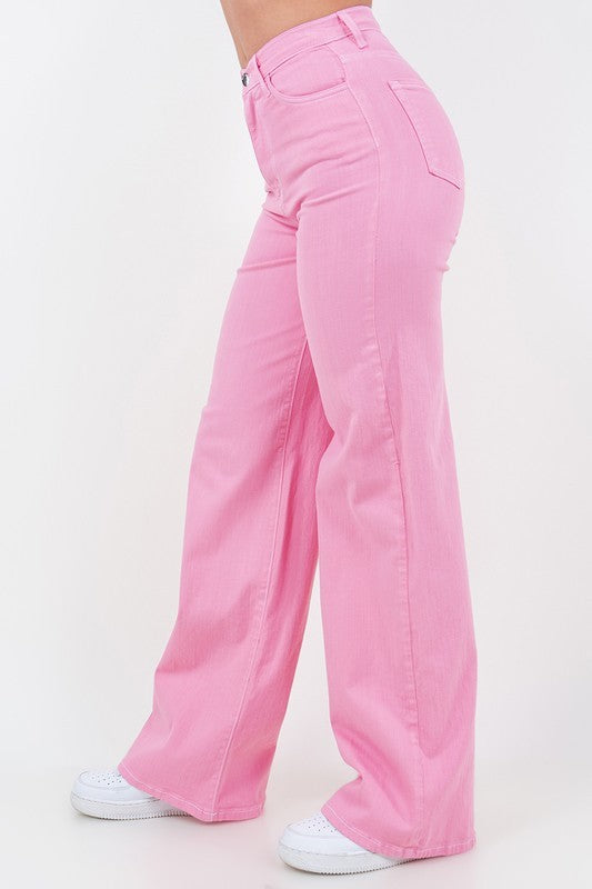 Wide Leg Jean in Bubblegum Pink Pink by GJG Denim | Fleurcouture