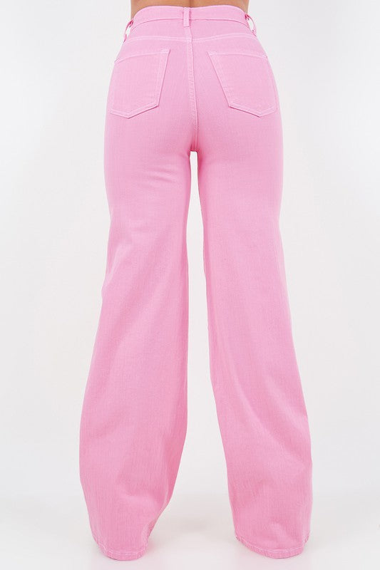 Wide Leg Jean in Bubblegum Pink Pink by GJG Denim | Fleurcouture