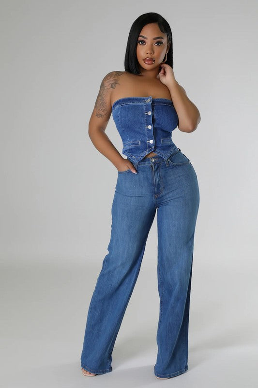 Wide Leg Jean in Medium Wash blue by GJG Denim | Fleurcouture