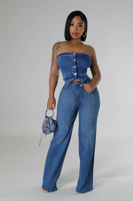 Wide Leg Jean in Medium Wash blue by GJG Denim | Fleurcouture