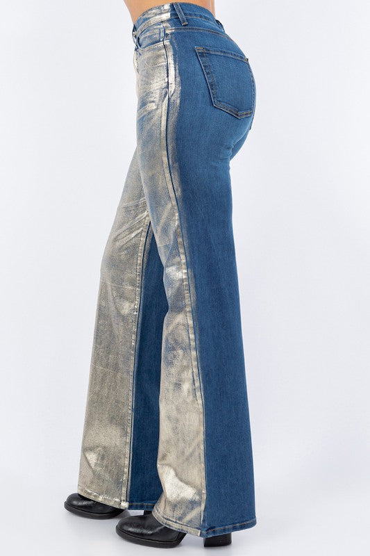 Wide Leg Jean with Foil Detail Gold by GJG Denim | Fleurcouture