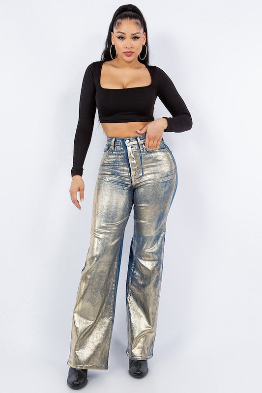 Wide Leg Jean with Foil Detail Gold by GJG Denim | Fleurcouture