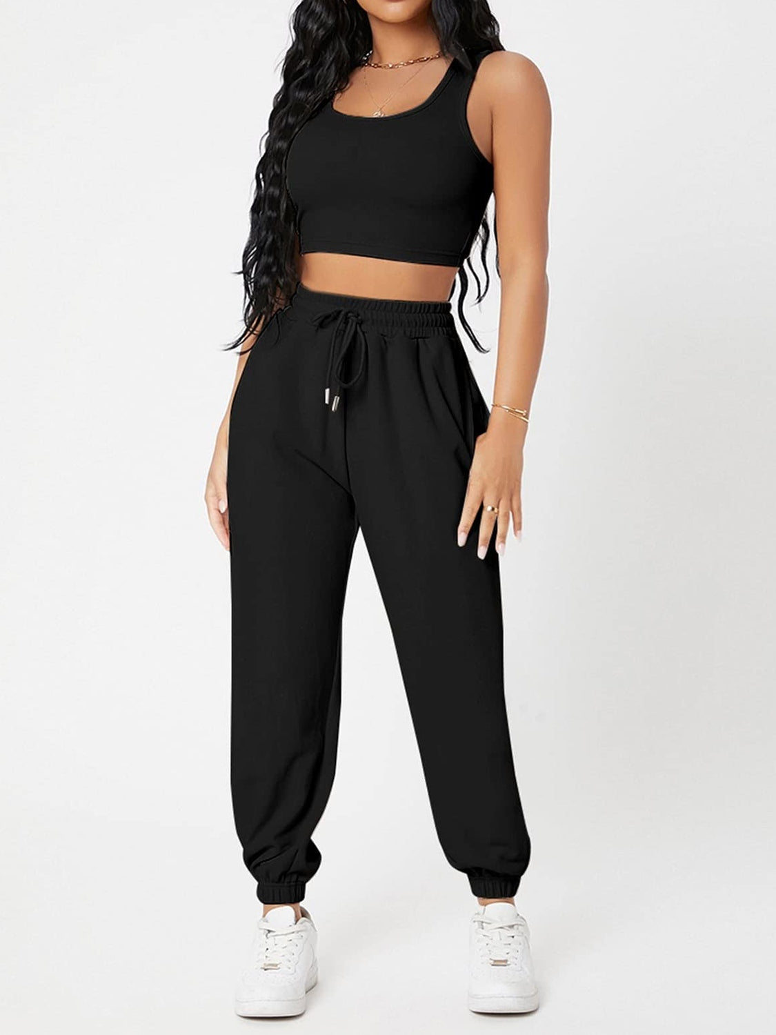 Wide Strap Top and Drawstring Joggers Set Black S Two Piece Sets by Trendsi | Fleurcouture