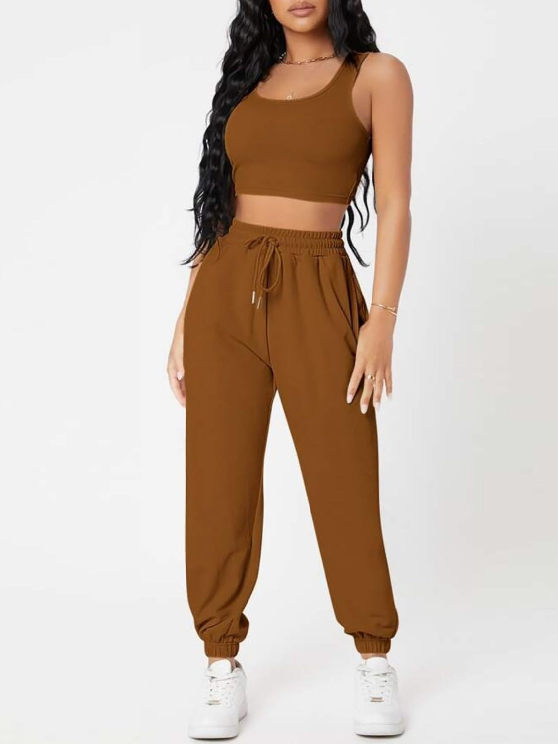 Wide Strap Top and Drawstring Joggers Set Chestnut S Two Piece Sets by Trendsi | Fleurcouture