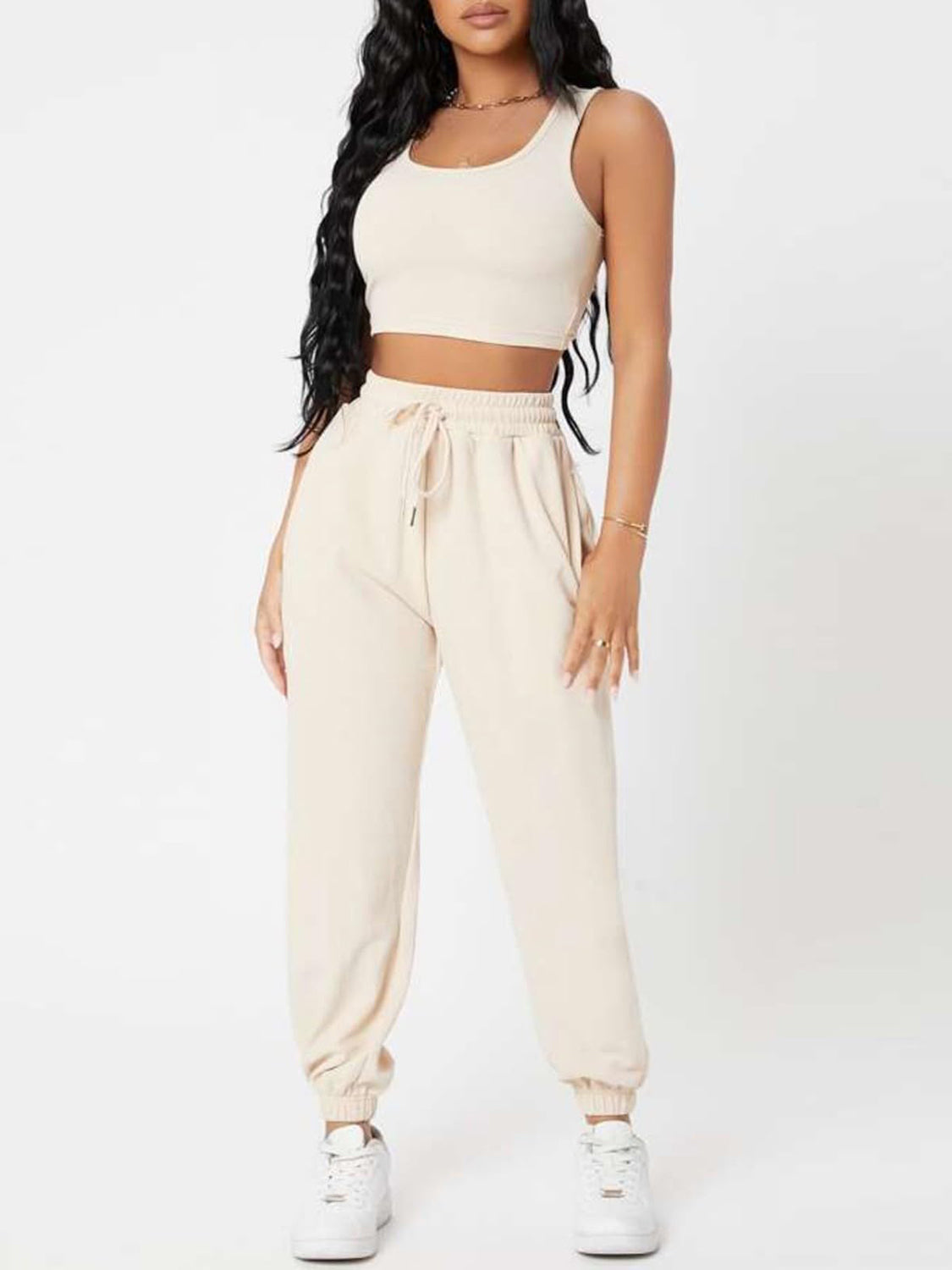 Wide Strap Top and Drawstring Joggers Set Cream S Two Piece Sets by Trendsi | Fleurcouture