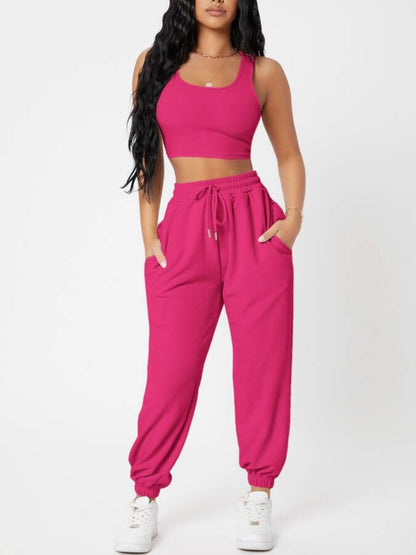 Wide Strap Top and Drawstring Joggers Set Deep Rose S Two Piece Sets by Trendsi | Fleurcouture