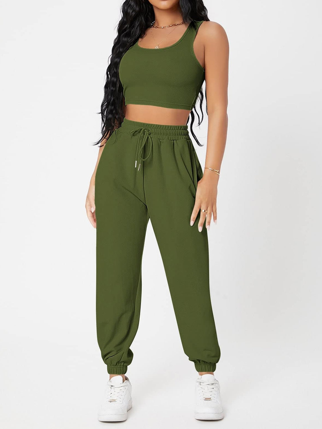 Wide Strap Top and Drawstring Joggers Set Moss S Two Piece Sets by Trendsi | Fleurcouture