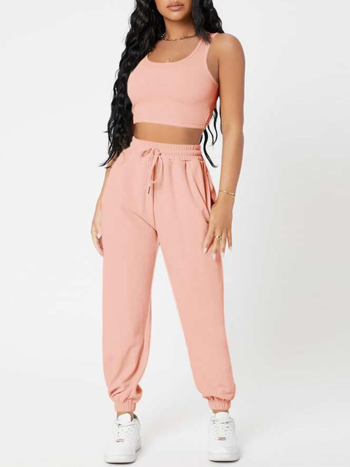 Wide Strap Top and Drawstring Joggers Set Peach S Two Piece Sets by Trendsi | Fleurcouture