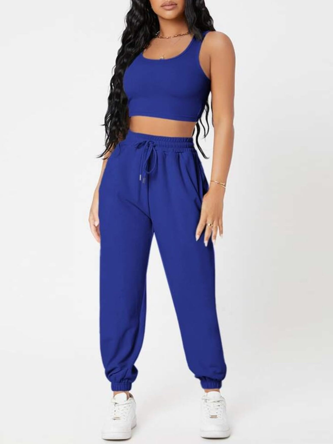 Wide Strap Top and Drawstring Joggers Set Royal Blue S Two Piece Sets by Trendsi | Fleurcouture