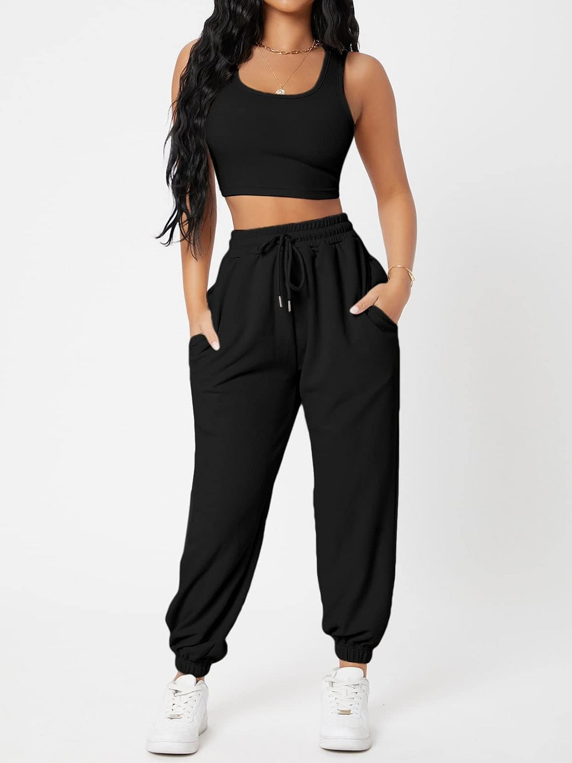 Wide Strap Top and Drawstring Joggers Set Two Piece Sets by Trendsi | Fleurcouture