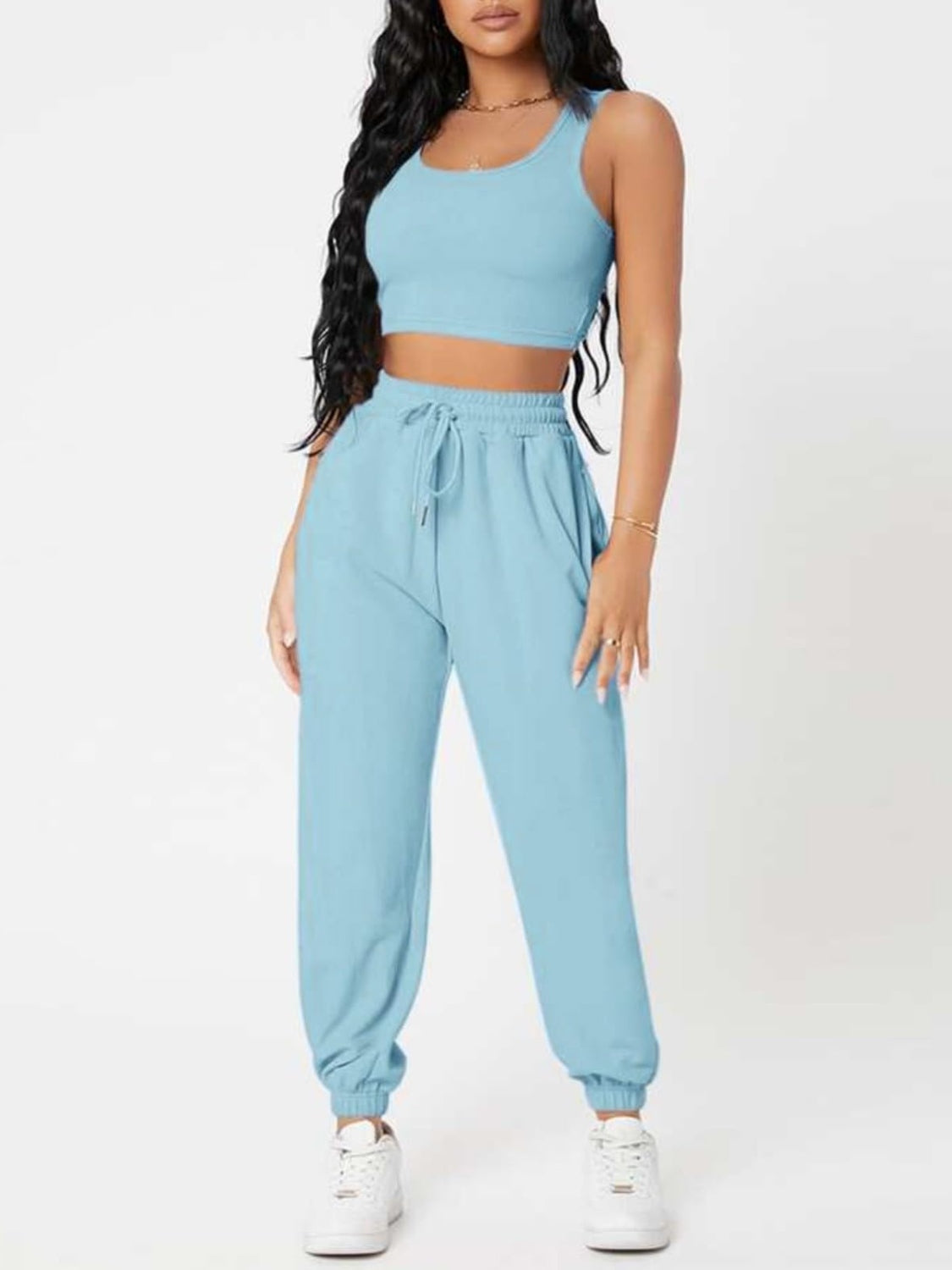 Wide Strap Top and Drawstring Joggers Set Ultra marine S Two Piece Sets by Trendsi | Fleurcouture