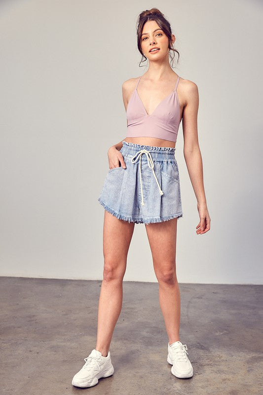 Wide Waistband Destroyed Frayed Denim Shorts by Mustard Seed | Fleurcouture