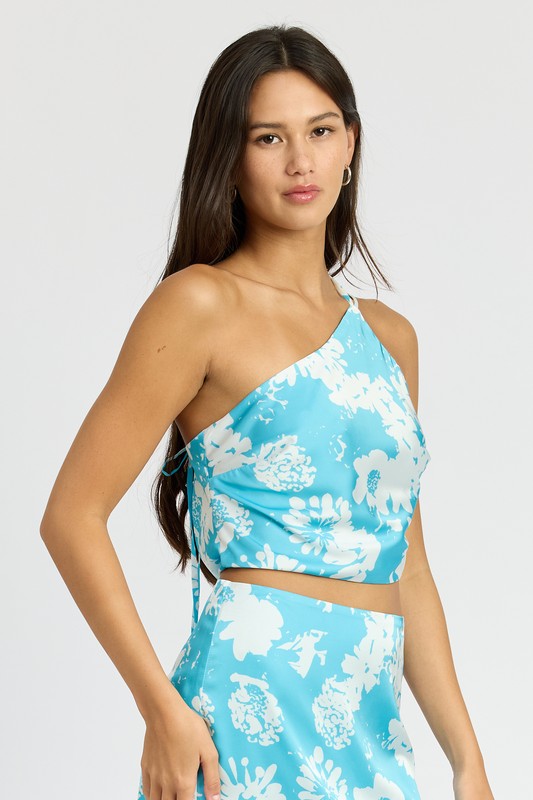 WILDFLOWER PRINT ONE SHOULDER TOP TURQUOISE by Emory Park | Fleurcouture