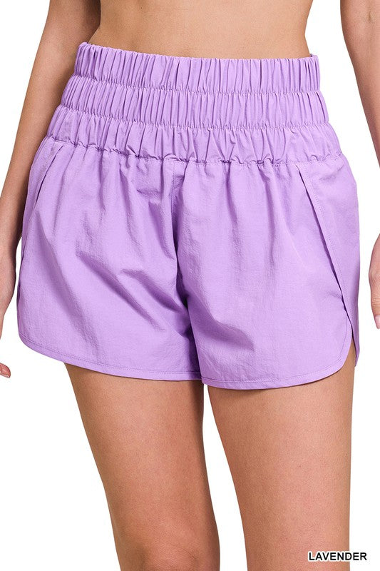 Windbreaker Smocked Waistband Running Shorts LAVENDER S by ZENANA | Fleurcouture