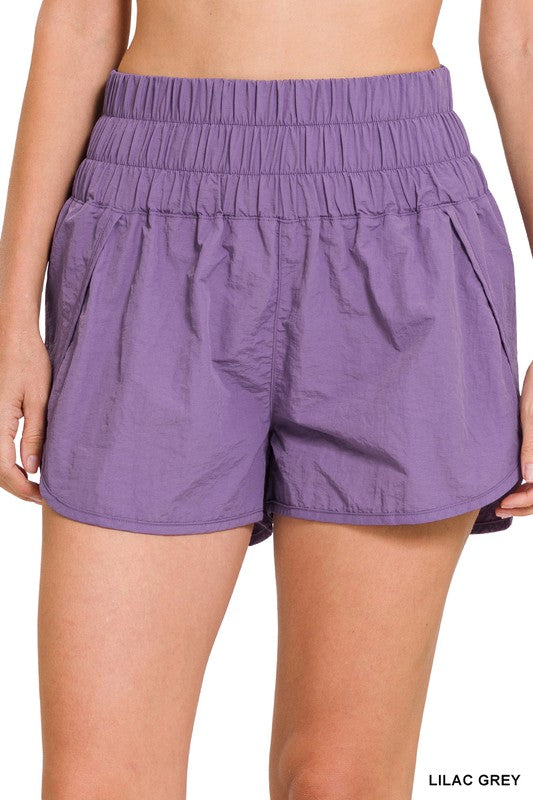 Windbreaker Smocked Waistband Running Shorts LILAC GREY S by ZENANA | Fleurcouture