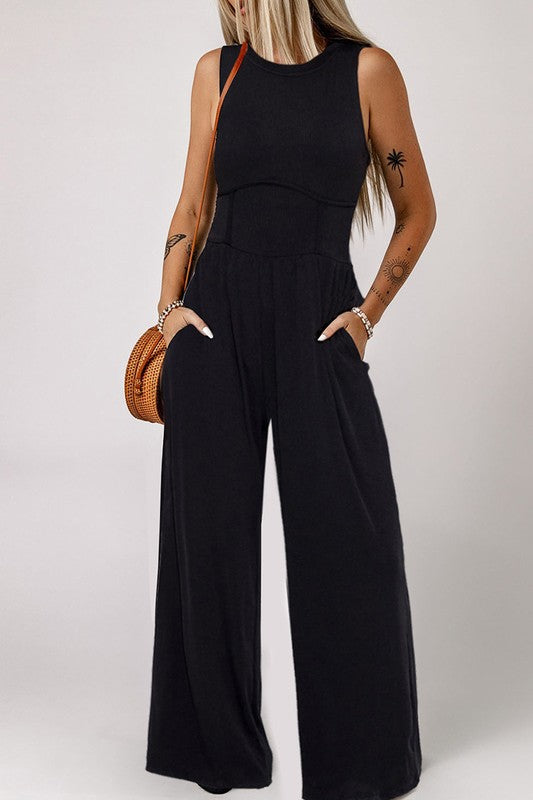 Women Cinched Waist Sleeveless Wide Leg Jumpsuit Black by YNIQUE | Fleurcouture