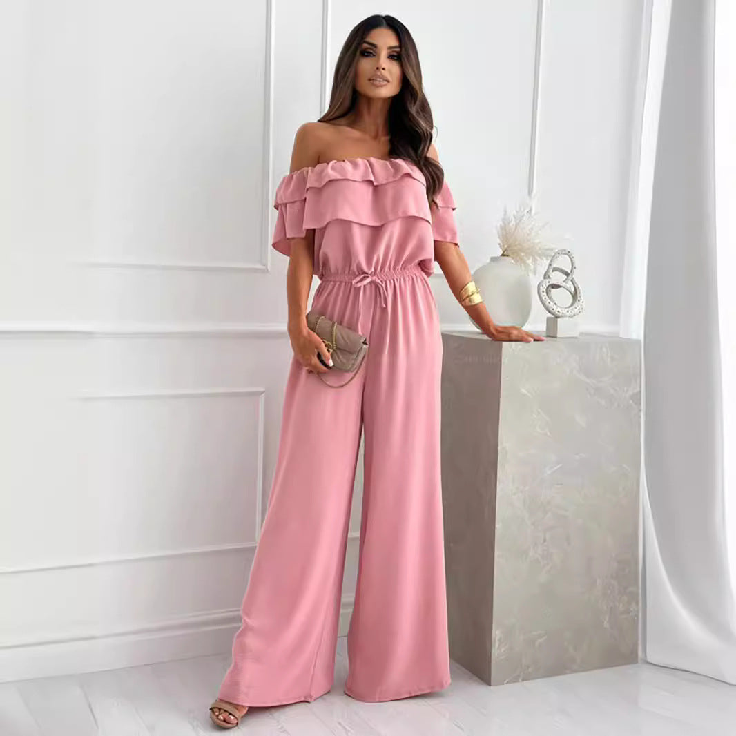 Women Clothing Summer Solid Color Office Ruffled off Shoulder Short Sleeved Jumpsuit by NEWMELANCE | Fleurcouture