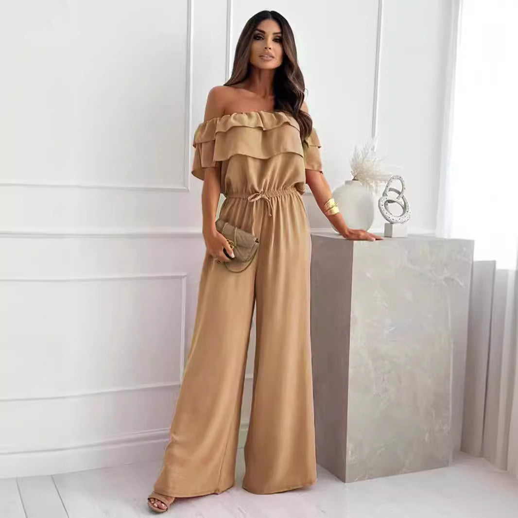 Women Clothing Summer Solid Color Office Ruffled off Shoulder Short Sleeved Jumpsuit by NEWMELANCE | Fleurcouture