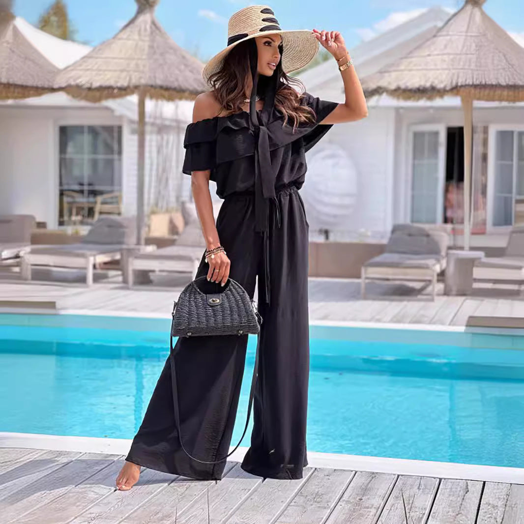 Women Clothing Summer Solid Color Office Ruffled off Shoulder Short Sleeved Jumpsuit S Black by NEWMELANCE | Fleurcouture