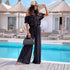 Women Clothing Summer Solid Color Office Ruffled off Shoulder Short Sleeved Jumpsuit S Black by NEWMELANCE | Fleurcouture