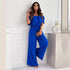 Women Clothing Summer Solid Color Office Ruffled off Shoulder Short Sleeved Jumpsuit S Blue by NEWMELANCE | Fleurcouture