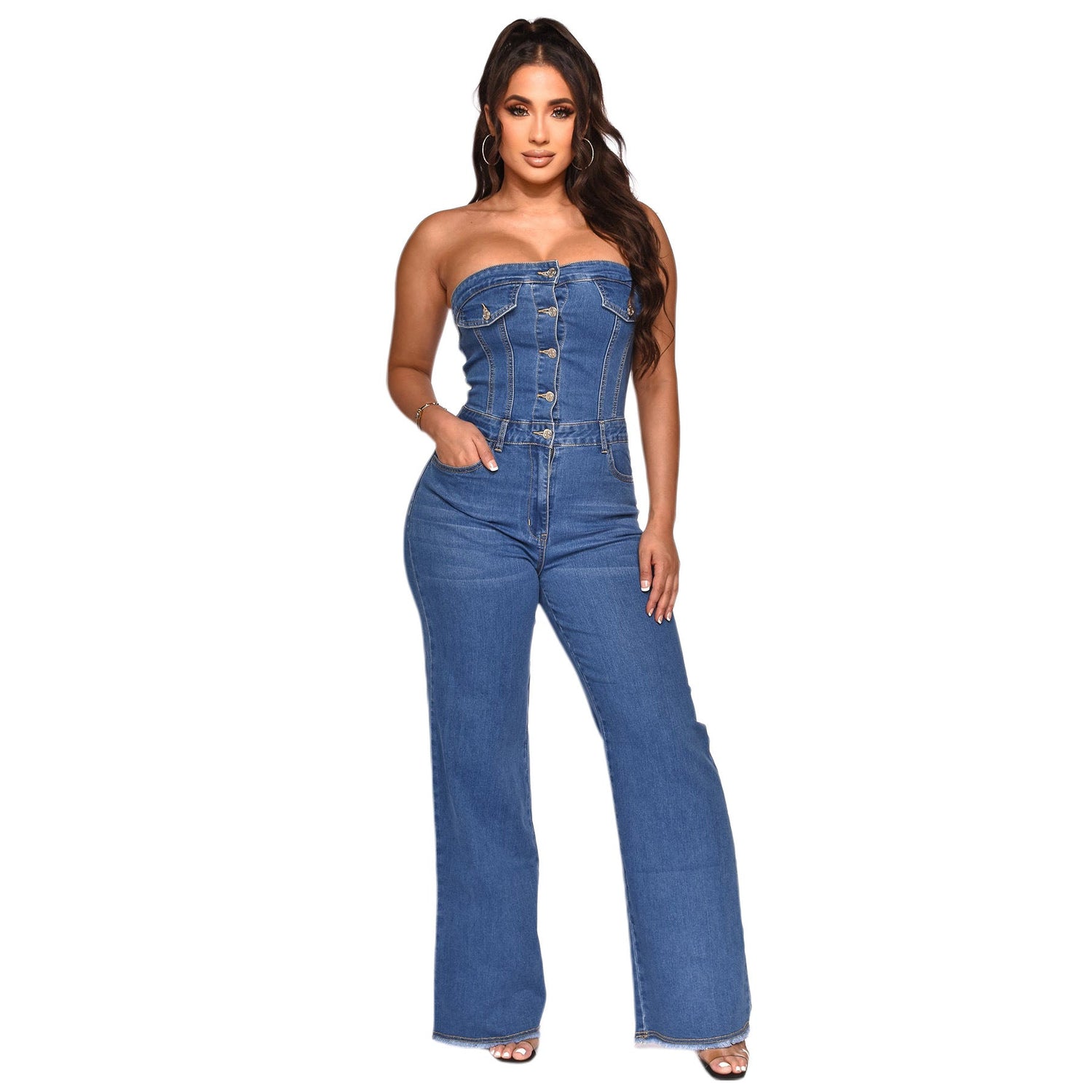 Women Clothing Tube Top Off Shoulder Slim Fit Slimming Slightly Flared Jumpsuit Jeans S Blue by Joliss | Fleurcouture