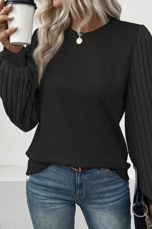 Women Contrast Ribbed Bishop Sleeve Top Black S by YNIQUE | Fleurcouture