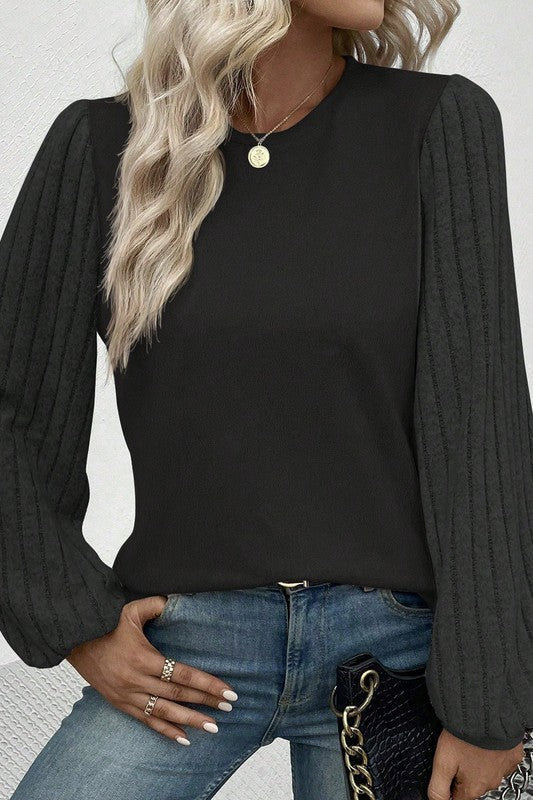 Women Contrast Ribbed Bishop Sleeve Top Black by YNIQUE | Fleurcouture