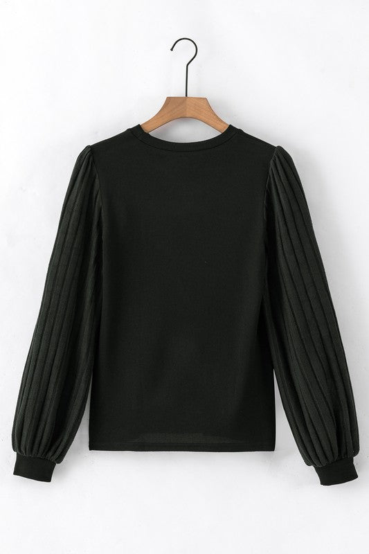 Women Contrast Ribbed Bishop Sleeve Top Black by YNIQUE | Fleurcouture